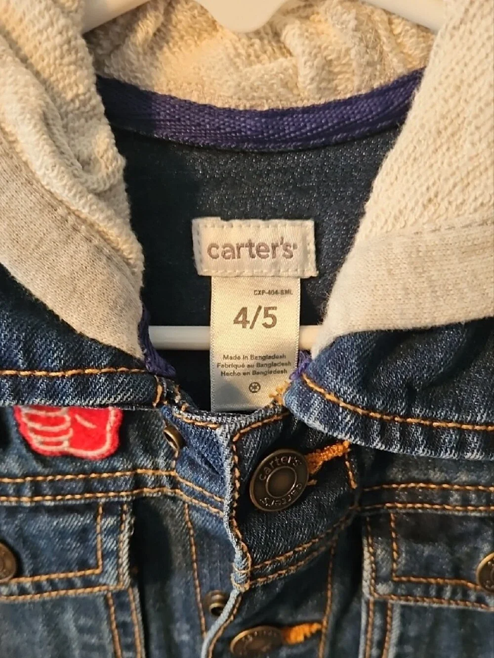 Carter's Dark Blue Denim Jacket with Cream Hood and Colorful Patches